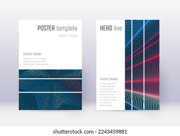 Geometric cover design template set. Red abstract lines on white blue background. Bizarre cover design. Memorable catalog, poster, book template etc.