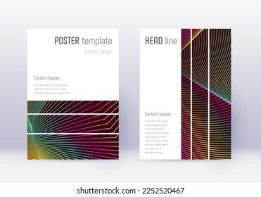 Geometric cover design template set. Rainbow abstract lines on wine red background. Bizarre cover design. Dazzling catalog, poster, book template etc.