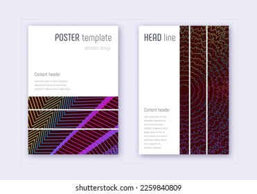 Geometric cover design template set. Rainbow abstract lines on wine red background. Bizarre cover design. Delicate catalog, poster, book template etc.