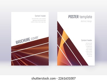 Geometric cover design template set. Orange abstract lines on wine red background. Brilliant cover design. Adorable catalog, poster, book template etc.