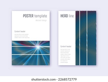 Geometric cover design template set. Red white blue abstract lines on dark background. Bizarre cover design. Trending catalog, poster, book template etc.