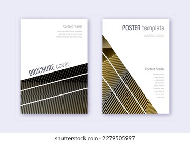 Geometric cover design template set. Gold abstract lines on black background. Bold cover design. Original catalog, poster, book template etc.