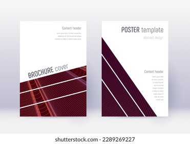 Geometric cover design template set. Orange abstract lines on wine red background. Brilliant cover design. Amusing catalog, poster, book template etc.