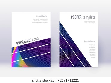 Geometric cover design template set. Rainbow abstract lines on dark blue background. Brilliant cover design. Ideal catalog, poster, book template etc.
