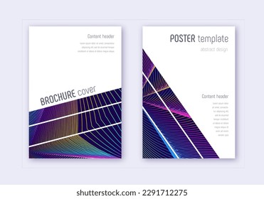Conjunto de plantillas de diseño de portada geométrica. Líneas abstractas del arcoiris sobre fondo azul oscuro. Diseño de portada brillante. Catálogo, afiche, plantilla de libro, etc.