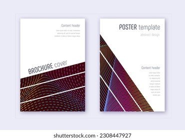 Conjunto de plantillas de diseño de portada geométrica. Líneas abstractas del arcoiris sobre fondo rojo del vino. Diseño de portada brillante. Catálogo, afiche, plantilla de libro, etc.