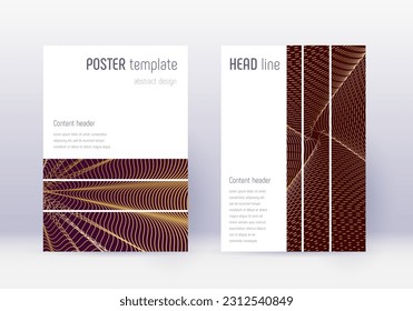 Geometric cover design template set. Gold abstract lines on maroon background. Beautiful cover design. Fine catalog, poster, book template etc.