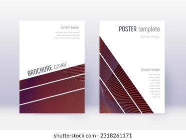 Conjunto de plantillas de diseño de portada geométrica. Líneas abstractas naranjas sobre fondo de color rojo. Diseño de portada brillante. Catálogo clásico, afiche, plantilla de libro, etc.