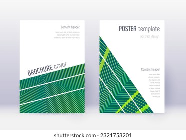 Designvorlage für geometrische Cover. Grüne abstrakte Linien auf dunklem Hintergrund. Atemberaubendes Cover-Design. Unbefleckter Katalog, Poster, Buchvorlage etc.