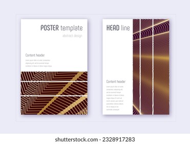 Geometric cover design template set. Gold abstract lines on maroon background. Beautiful cover design. Marvelous catalog, poster, book template etc.