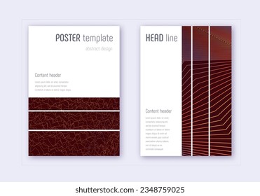 Geometric cover design template set. Orange abstract lines on wine red background. Bewitching cover design. Noteworthy catalog, poster, book template etc.