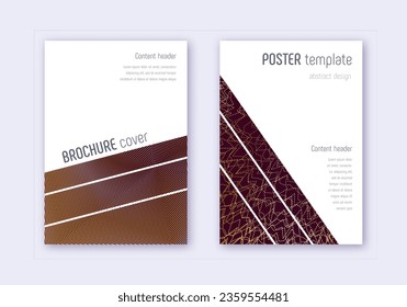 Geometric cover design template set. Gold abstract lines on maroon background. Bold cover design. Rare catalog, poster, book template etc.