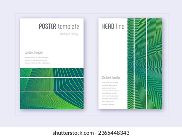 Geometric cover design template set. Green abstract lines on dark background. Beautiful cover design. Resplendent catalog, poster, book template etc.