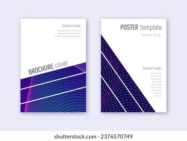 Designvorlage für geometrische Cover. Neon abstrakte Linien auf dunkelblauem Hintergrund. Atemberaubendes Cover-Design. Lebhafter Katalog, Poster, Buchvorlage etc.