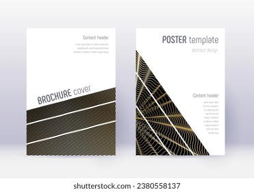 Geometric cover design template set. Gold abstract lines on black background. Bold cover design. Lovely catalog, poster, book template etc.