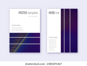 Geometric cover design template set. Rainbow abstract lines on dark blue background. Bizarre cover design. Actual catalog, poster, book template etc.