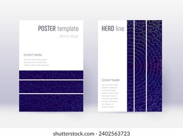 Geometric cover design template set. Rainbow abstract lines on dark blue background. Bizarre cover design. Authentic catalog, poster, book template etc.