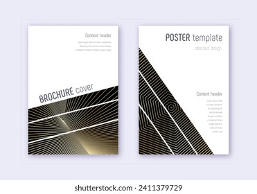 Geometric cover design template set. Gold abstract lines on black background. Bold cover design. Graceful catalog, poster, book template etc.