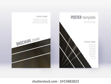 Geometric cover design template set. Gold abstract lines on black background. Bold cover design. Extraordinary catalog, poster, book template etc.