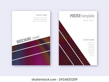 Geometric cover design template set. Rainbow abstract lines on wine red background. Captivating cover design. Appealing catalog, poster, book template etc.
