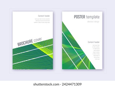 Schablonensatz für geometrische Abdeckungen. Grüne abstrakte Linien auf dunklem Hintergrund. Atemberaubendes Cover-Design. Makelloser Katalog, Poster, Buchvorlage etc.