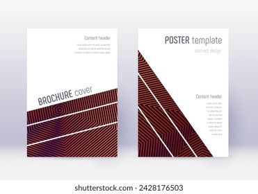Geometric cover design template set. Orange abstract lines on wine red background. Brilliant cover design. Comely catalog, poster, book template etc.