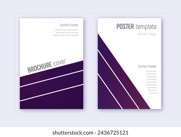 Geometric cover design template set. Violet abstract lines on dark background. Captivating cover design. Pleasant catalog, poster, book template etc.