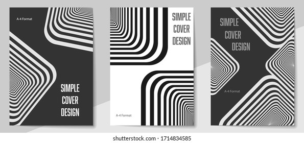 Modelos de diseño de portada geométrica en formato A-4. Conjunto editable de diseños para portadas de libros, revistas, cuadernos, álbumes, folletos. Diseño plano, colores modernos.