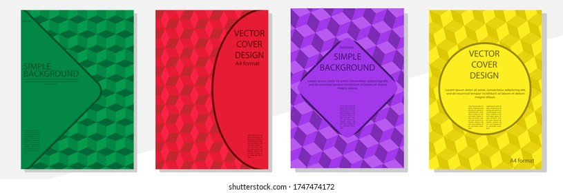 Modelos de diseño de portada geométrica en formato A-4. Conjunto editable de diseños para portadas de libros, revistas, cuadernos, álbumes, folletos. Diseño plano, colores modernos.