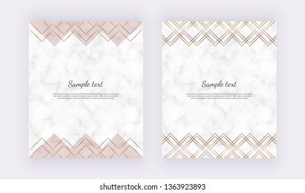 Geometric cover design with triangles shapes, golden lines on the marble texture. Background for card, flyer, invitation, banner, party, birthday, wedding, print advertising
