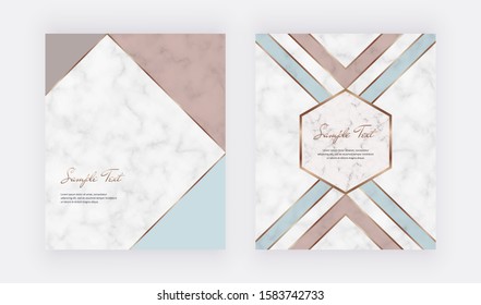 Geometric cover design with triangular shapes, gold lines on the marble texture. Template for wedding invitation, blog posts, banner, card, save the date, poster, flyer	

