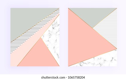Geometric cover designs with marble texture, gold, pink and grey colors triangles. Template for design invitation, card, banner, wedding, baby shower, placard, party, brochure
 - Shutterstock ID 1065758204