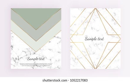 Geometric cover designs, triangles with gold line frame, green and grey colors and marble texture background. Template for design invitation, card, banner, wedding, baby shower, placard, party,
