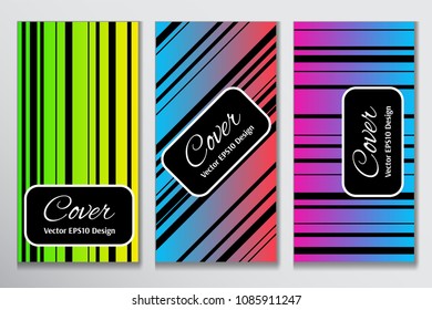 Geometric cover gradient stripe backdrop. Contrast cover for header page of ad. Layout with black stripes on colorful gradient background for business purpose.