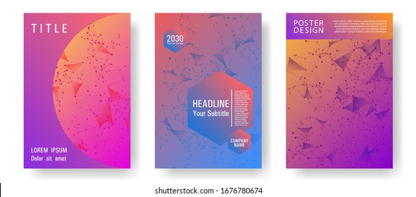 Geometric cover layout design. Global network connection polygonal grid. Interlinked nodes, neuron or big data cloud structure concept. Information technology concept cover.
