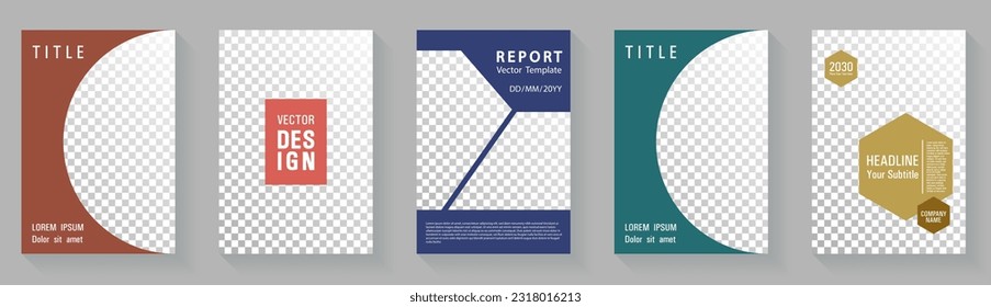 Geometric cover page template vector minimal collection. Flyer set modern graphic design. Corporate booklet cover page layouts with background photo place. Promotion publication mockups.