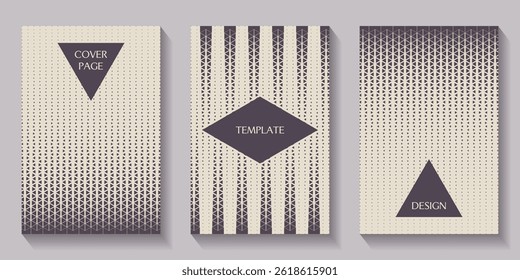 Geometric cover page templates set vector design. Triangle vector abstract geometric technology background. Halftone triangular retro 80s simple pattern. Minimal style dynamic tech wallpaper.