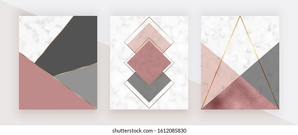 Geometric cover with pink, rose gold and grey triangular shapes, golden lines on the white marble texture. Modern backgrounds for menu, banner, card, flyer, invitation, product package, brochure.
