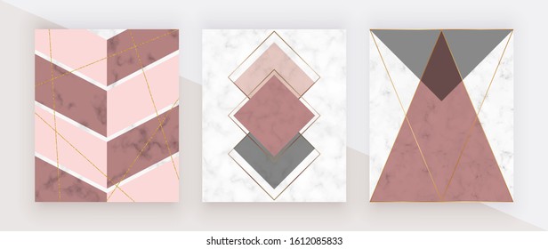 Geometric cover with pink, rose gold and grey triangular shapes, golden lines on the white marble texture. Modern backgrounds for menu, banner, card, flyer, invitation, product package, brochure.
