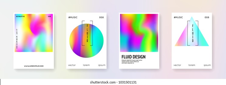 Geometric cover set. Abstract backgrounds. Memphis geometric cover with gradient mesh. 90s, 80s retro style. Iridescent graphic template for placard, presentation, banner, brochure.