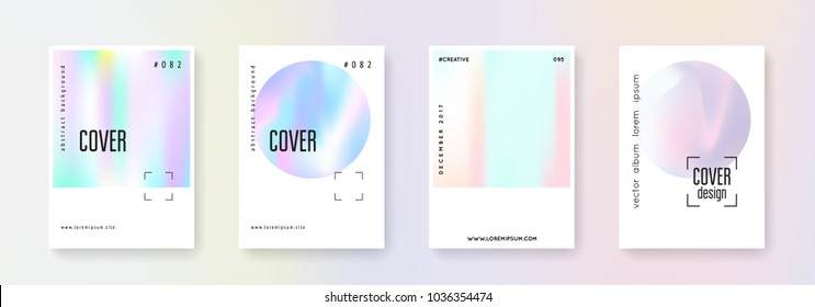 Geometric cover set. Abstract backgrounds. Retro geometric cover with gradient mesh 90s, 80s retro style. Iridescent graphic template for brochure, banner, wallpaper, mobile screen