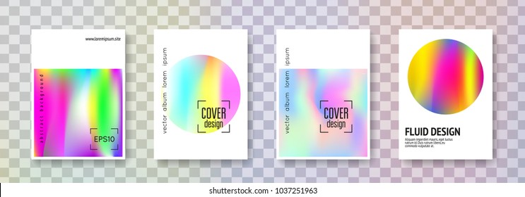 Geometric cover set. Abstract backgrounds. Plastic geometric cover with gradient mesh 90s, 80s retro style. Iridescent graphic template for placard, presentation, banner, brochure.