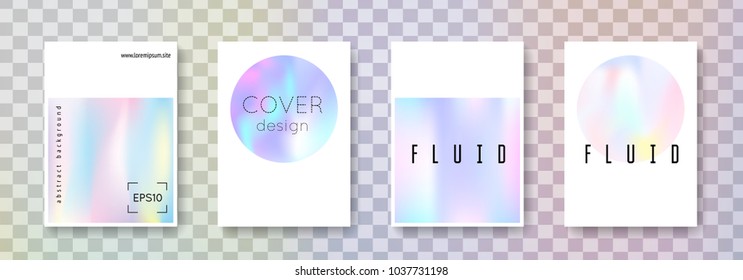 Geometric cover set. Abstract backgrounds. Bright geometric cover with gradient mesh 90s, 80s retro style. Pearlescent graphic template for placard, presentation, banner, brochure.