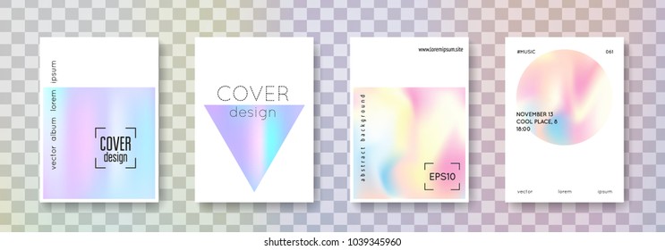 Geometric cover set. Abstract backgrounds. Spectrum geometric cover with gradient mesh 90s, 80s retro style. Iridescent graphic template for placard, presentation, banner, brochure.