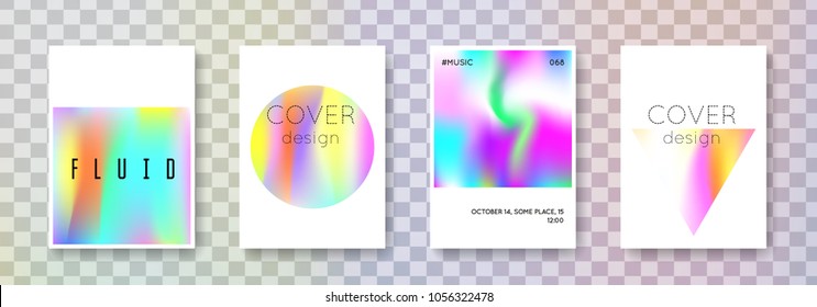 Geometric cover set. Abstract backgrounds. Multicolor geometric cover with gradient mesh 90s, 80s retro style. Iridescent graphic template for book, annual, mobile interface, web app.