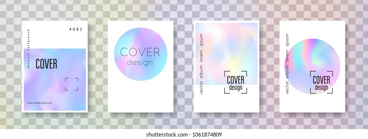 Geometric cover set. Abstract backgrounds. Retro geometric cover with gradient mesh 90s, 80s retro style. Pearlescent graphic template for brochure, banner, wallpaper, mobile screen