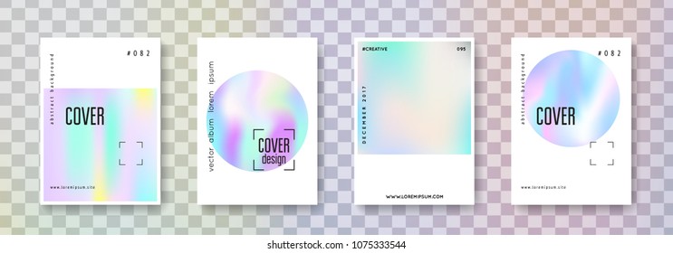 Geometric cover set. Abstract backgrounds. Vibrant geometric cover with gradient mesh 90s, 80s retro style. Pearlescent graphic template for placard, presentation, banner, brochure.
