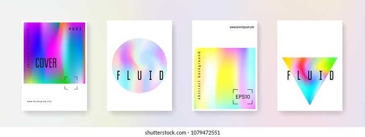 Geometric cover set. Abstract backgrounds. Vintage geometric cover with gradient mesh 90s, 80s retro style. Pearlescent graphic template for brochure, banner, wallpaper, mobile screen
