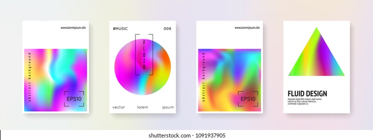 Geometric cover set. Abstract backgrounds. Multicolor geometric cover with gradient mesh 90s, 80s retro style. Iridescent graphic template for book, annual, mobile interface, web app.