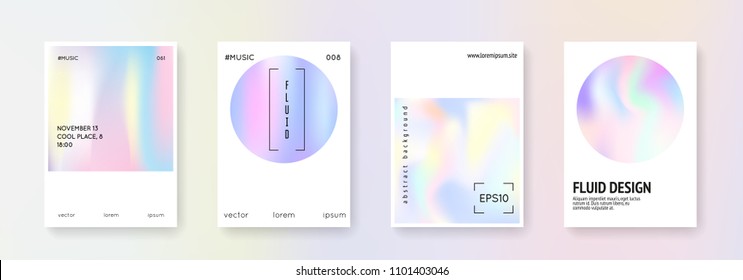 Geometric cover set. Abstract backgrounds. Stylish geometric cover with gradient mesh 90s, 80s retro style. Pearlescent graphic template for placard, presentation, banner, brochure.